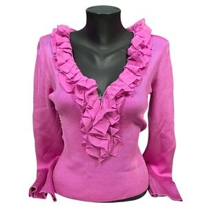 Vintage Cache Womens Pink Silk Blend Ruffle V-Neck Ribbed Knit Zip Sweater Sz M